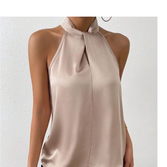 Luxe Satin Mock Neck Halter Sleeveless Top Blouse Shirt Black - Picture 11 of 12